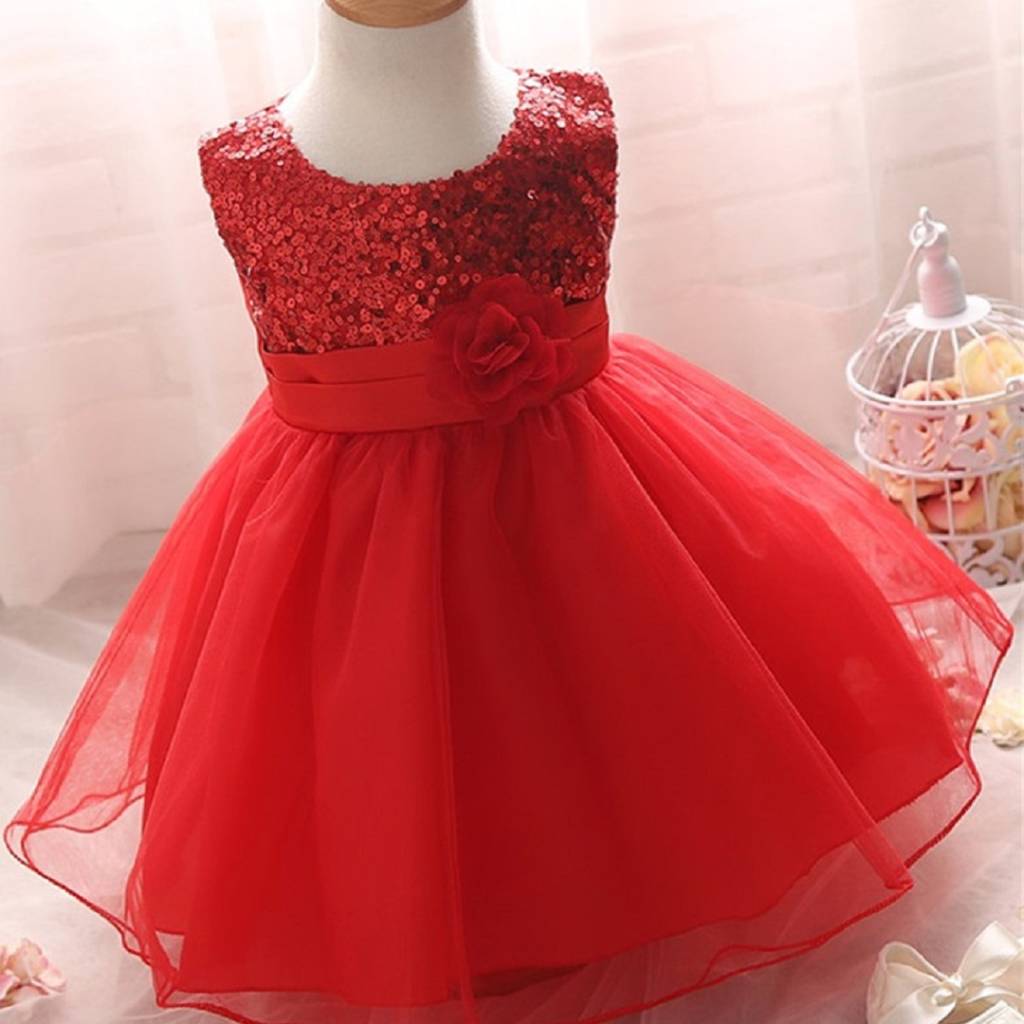 Red Shimmery Frock With Side Flower – Clothing Inn – Baby Boutique