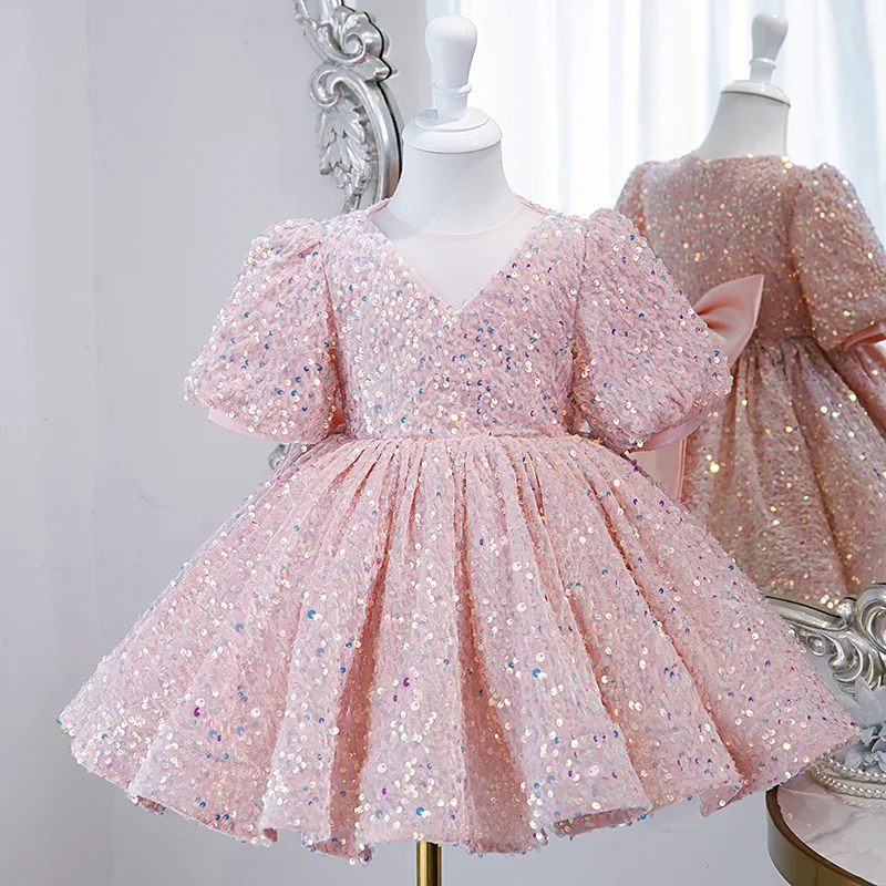 Baby Pink V Neck Sequin Frock – Clothing Inn – Baby Boutique